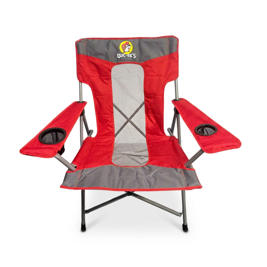 Buc-ee’s Tailgate Chair in red and gray with a mesh back panel, wide armrests, and two cup holders on a folding metal frame