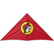 Buc-ee’s Nylon Delta Kite out of the package, showing a solid red sail with the yellow beaver logo in the center