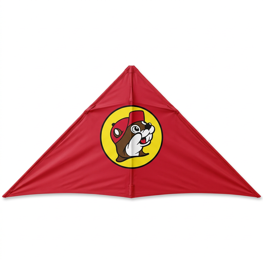 Buc-ee’s Nylon Delta Kite out of the package, showing a solid red sail with the yellow beaver logo in the center