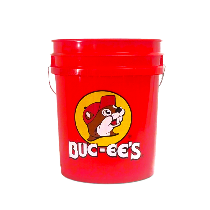 Buc-ee’s red plastic bucket with a metal wire handle and yellow circle beaver logo