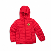 Buc-ee's Puffy Packable Winter Coat in red, a hooded quilted puffer jacket with full zip and beaver logo patch