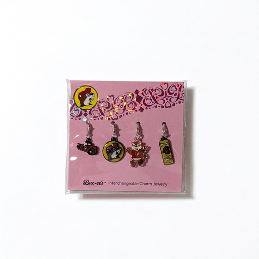 Buc-ee's Red Truck charm 4-pack with a red pickup, Buc-ee logo, waving Buc-ee the Beaver and I Heart Buc-ee's bar