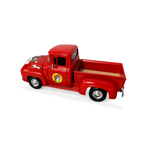 Red 1956 Ford F-100 die-cast pickup with yellow Buc-ee the Beaver logo on the door