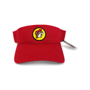 Red Buc-ee's visor with an embroidered yellow Buc-ee the Beaver logo, on white