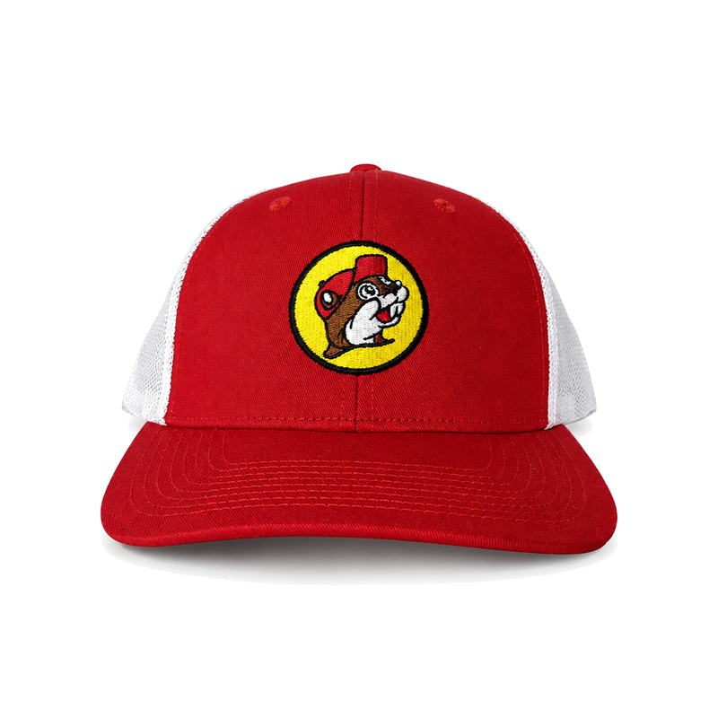 Red Buc-ee's trucker hat with white mesh back and Buc-ee the Beaver patch