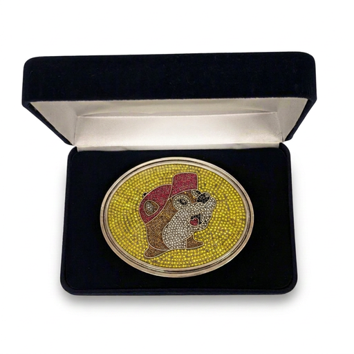 Buc-ee’s Rhinestone Belt Buckle, an oval buckle with the beaver logo in yellow, red, and clear rhinestones, in a velvet box