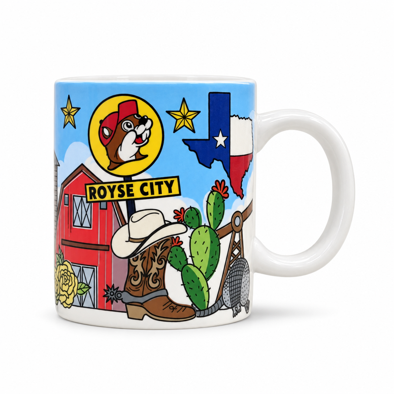 Buc-ee's Location Mug Shot Glass Royse City. With a barn and cowboy boot and hat and cactus. Location name on it with logo. 