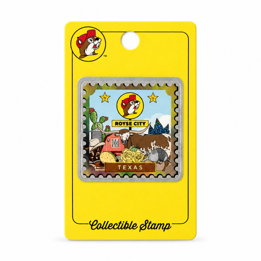 Buc-ee's Royse City Texas collectible stamp pin with a longhorn, beaver logo, yellow roses, and armadillo on yellow card packaging