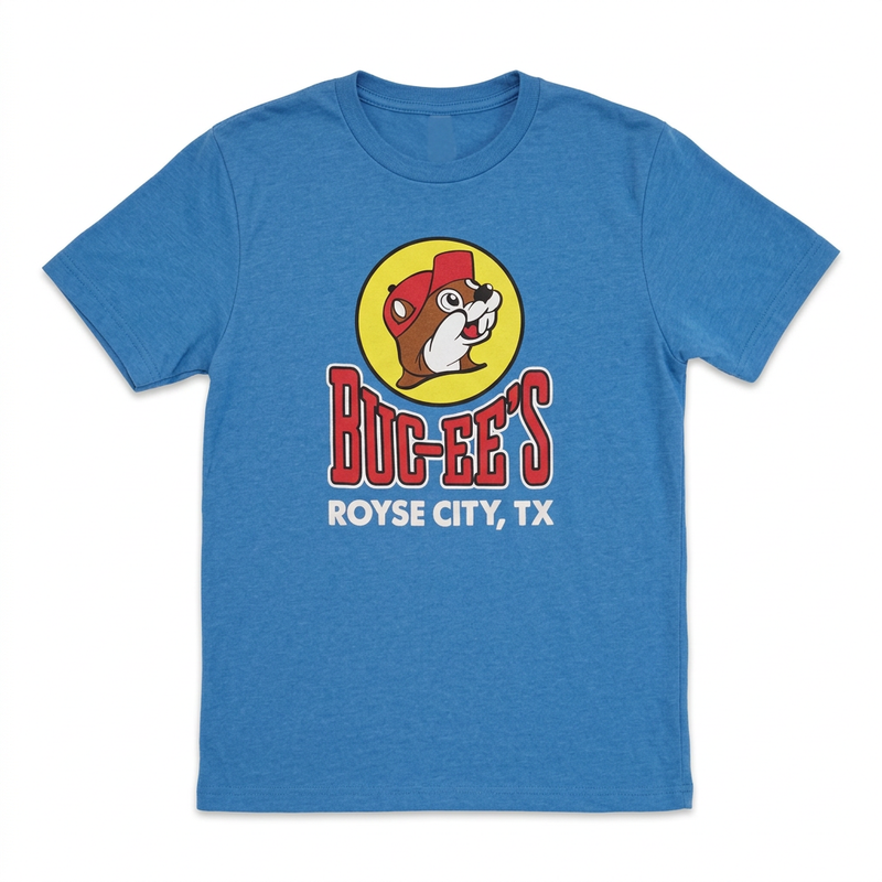 Buc-ee’s Royse City, TX location T-shirt in heather blue with beaver logo and red block lettering