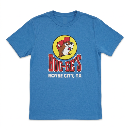 Buc-ee’s Royse City, TX location T-shirt in heather blue with beaver logo and red block lettering