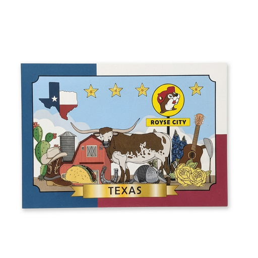 Buc-ee’s Royse City, TX postcard with Texas flag border, longhorn, cowboy hat, guitar, and illustrated Texas icons