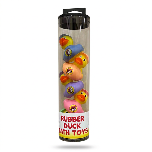 Buc-ee’s Rubber Duck Bath Toys in a clear tube, yellow ducks with pastel bodies stamped with the beaver logo