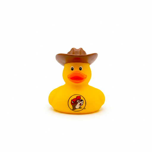 Buc-ee’s yellow rubber ducky wearing a brown cowboy hat, with an orange beak and the beaver logo on its chest