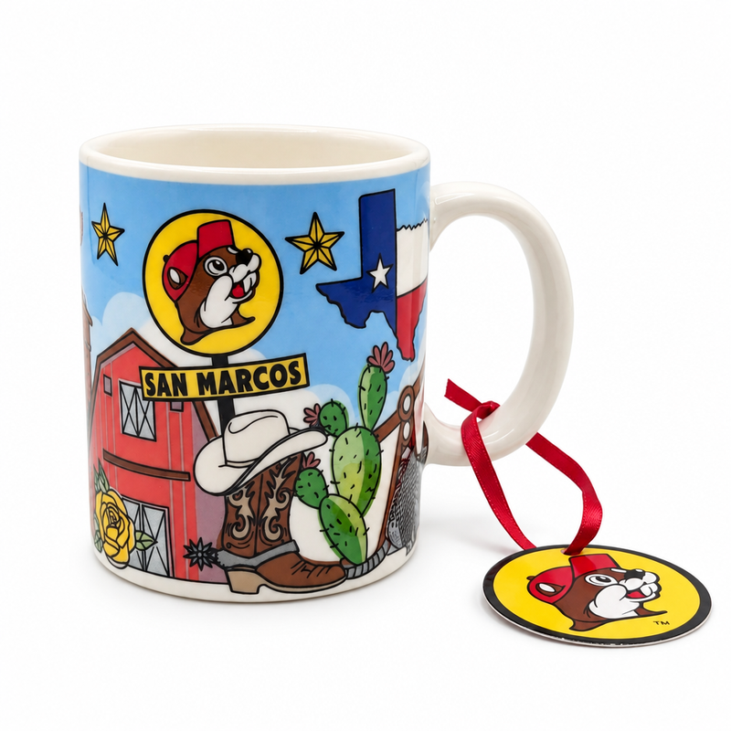 Buc-ee's San Marcos mini mug with Texas flag map, red barn, cowboy boot, and cactus design, plus a red ribbon gift tag