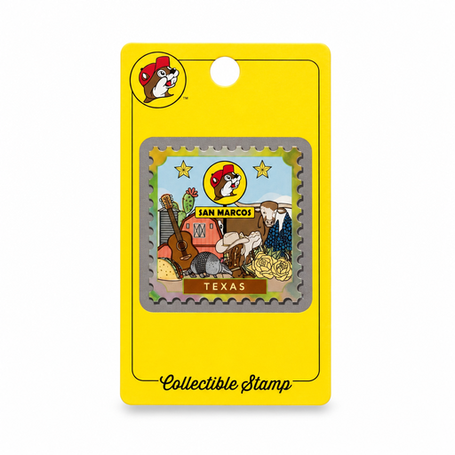 Buc-ee's San Marcos Texas collectible stamp on a yellow card, featuring a longhorn, armadillo, guitar, and bluebonnets