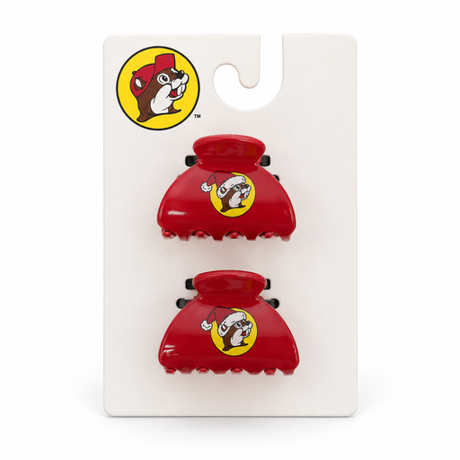 Two red mini Santa Buc-ee hair claw clips on a Buc-ee's display card, on white