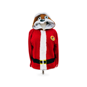 Child-size red Santa Buc-ee hoodie with white fur trim, black belt and Buc-ee face hood