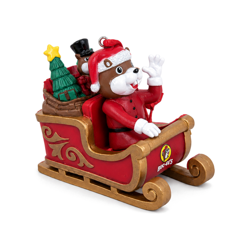 Santa Buc-ee riding a red sleigh with gifts Christmas ornament