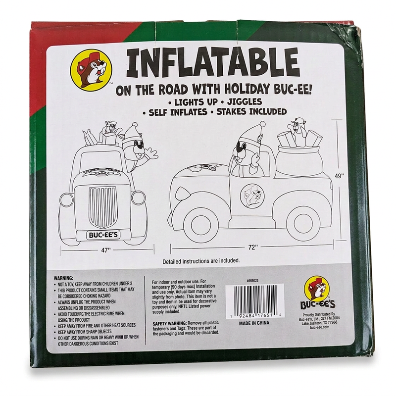 Buc-ee’s Santa in a Truck Yard Inflatable box back with size diagrams showing 72 x 47 x 49 inches