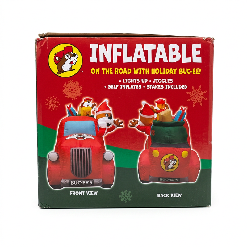 Buc-ee’s Santa in a Truck Yard Inflatable box side with front and back views of the truck grille and gift sack