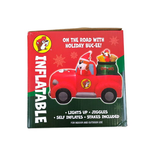 Buc-ee’s Santa in a Truck Yard Inflatable box showing a Santa beaver driving a red pickup with a gift sack, light-up