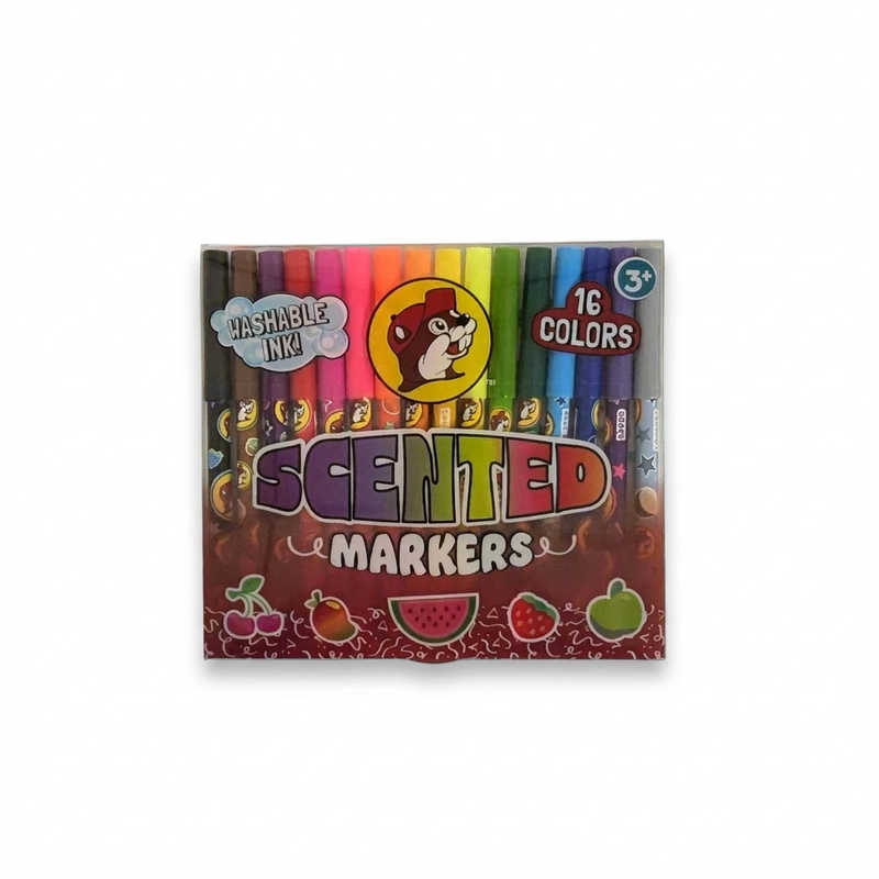 Buc-ee’s Scented Markers in 16 colors with washable ink, packed in a box with fruit graphics, ages 3 and up