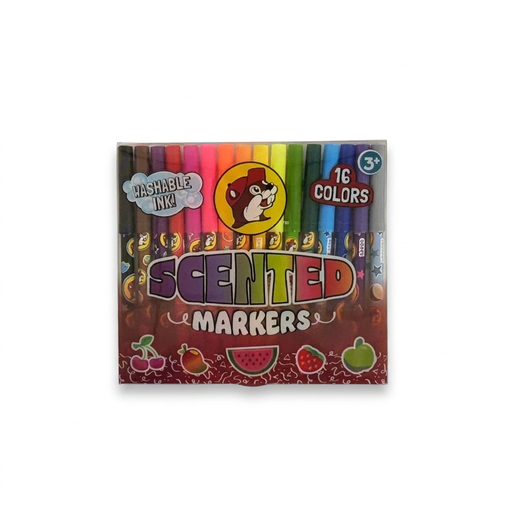 Buc-ee’s Scented Markers in 16 colors with washable ink, packed in a box with fruit graphics, ages 3 and up