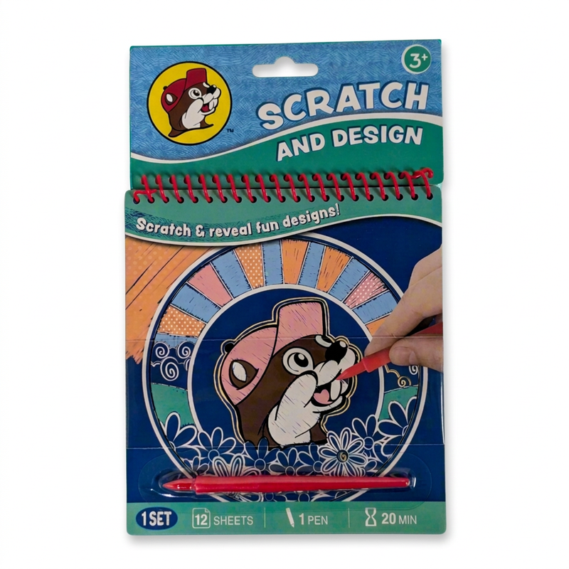 Buc-ee’s Scratch and Design spiral book with 12 scratch-and-reveal sheets and a red scratch pen, for ages 3 and up