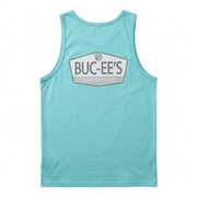 Back of Buc-ee’s Seafoam tank top with large gray and white badge logo reading Established 1982