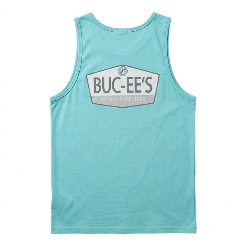 Back of Buc-ee’s Seafoam tank top with large gray and white badge logo reading Established 1982