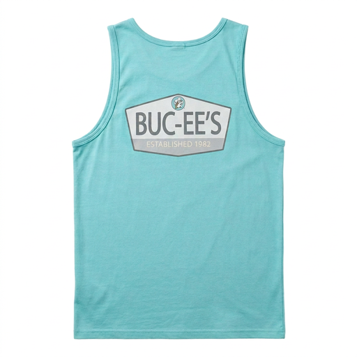 Back of Buc-ee’s Seafoam tank top with large gray and white badge logo reading Established 1982