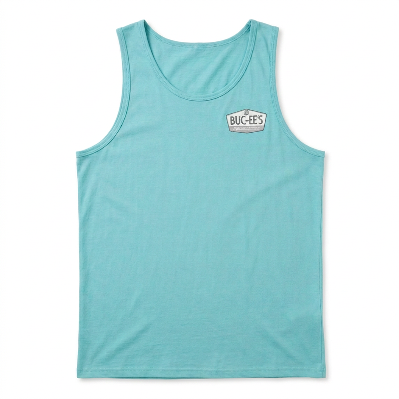 Buc-ee’s Seafoam tank top with small gray and white badge logo on the left chest,