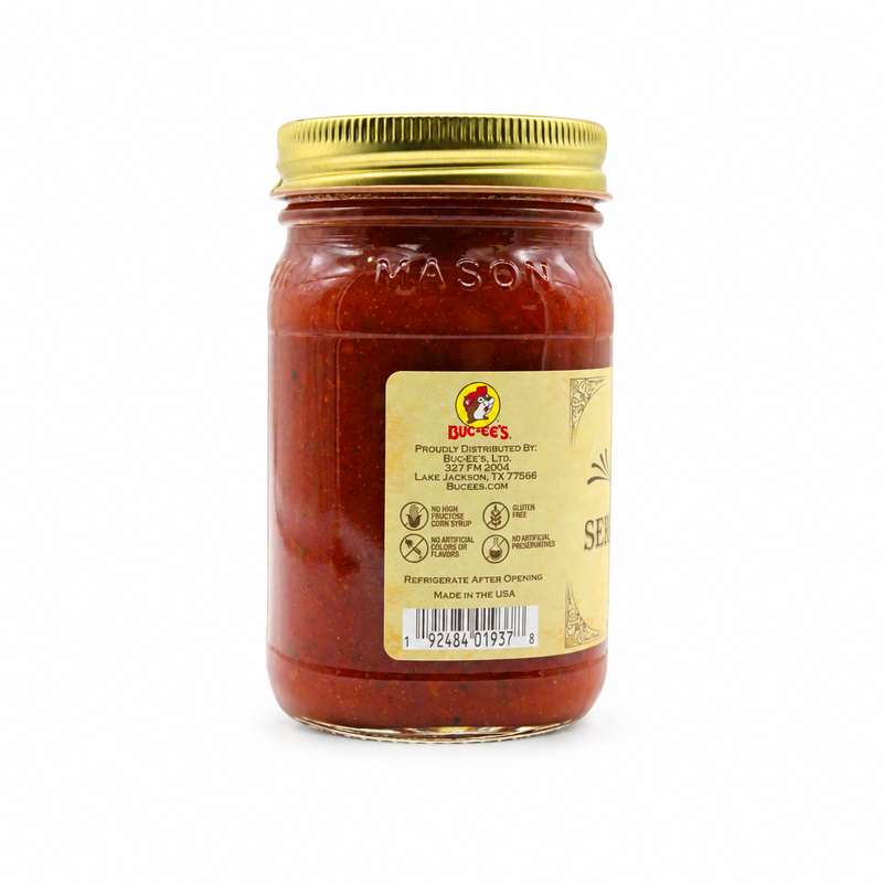 Side of the Buc-ee's Serrano Pepper Salsa jar showing the gluten-free label