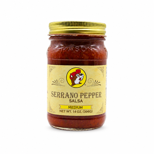 Buc-ee's Serrano Pepper Salsa, Medium, in a 14 oz glass mason jar, a zesty medium-heat salsa for burritos and quesadillas