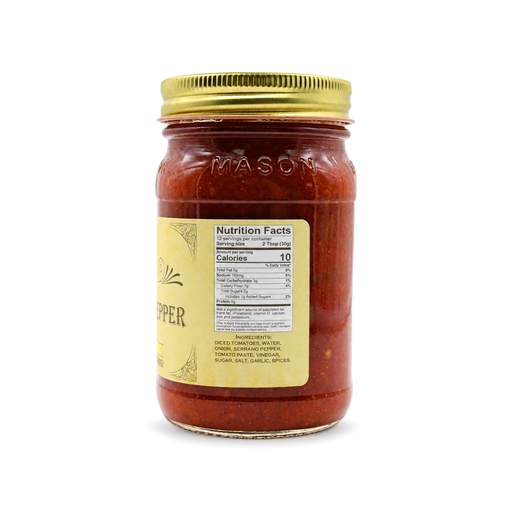 Back of Buc-ee's Serrano Pepper Salsa jar with nutrition facts and ingredients, made with diced tomatoes and serrano pepper