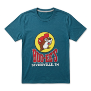 Buc-ee’s Sevierville, TN location T-shirt in teal with beaver logo and red block lettering