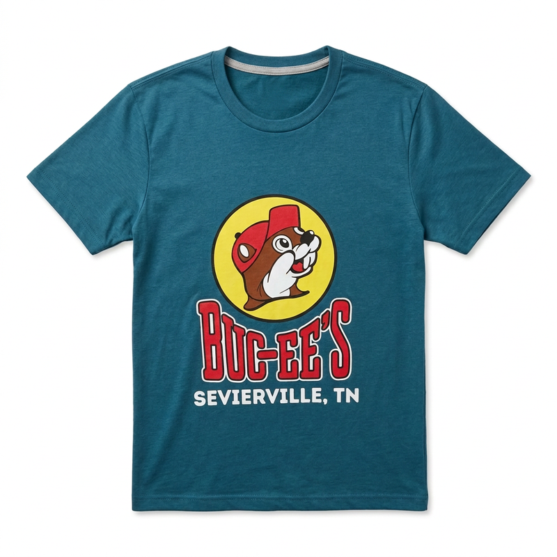 Buc-ee’s Sevierville, TN location T-shirt in teal with beaver logo and red block lettering