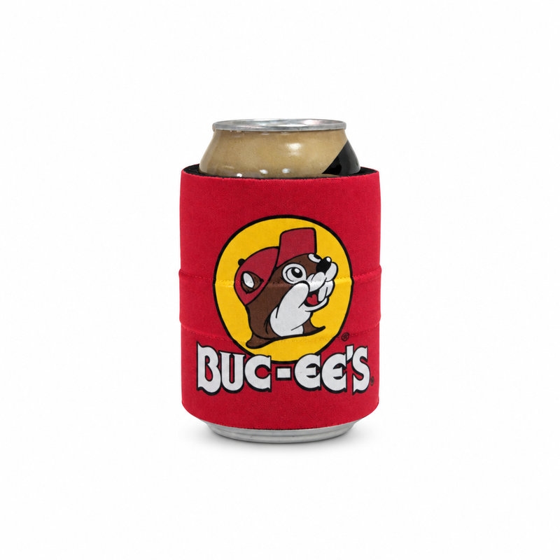 Red Buc-ee's SlapLit LED drink wrap out of the package, wrapped around an aluminum can to show the fit
