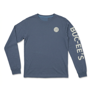 Buc-ee’s long-sleeve shirt in slate blue with small beaver chest logo and cream lettering down the sleeve