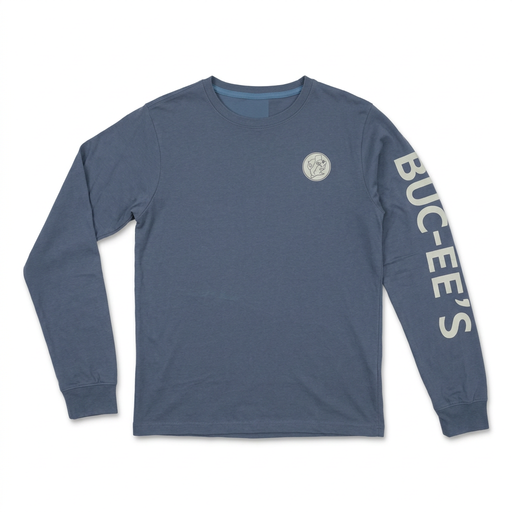 Buc-ee’s long-sleeve shirt in slate blue with small beaver chest logo and cream lettering down the sleeve