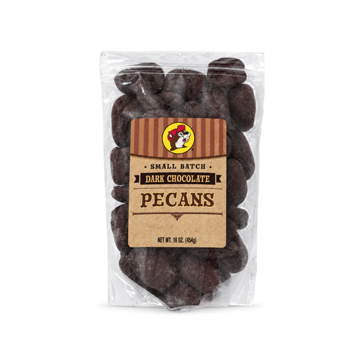 Buc-ee's Small Batch Dark Chocolate Pecans in a 16 oz clear bag, chocolate-covered pecan halves for gifting and sharing