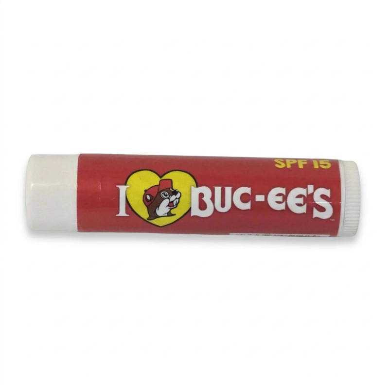 Buc-ee’s Smooth Mint Lip Balm with SPF 15 in a white tube with a red “I Heart Buc-ee’s” label and the beaver logo