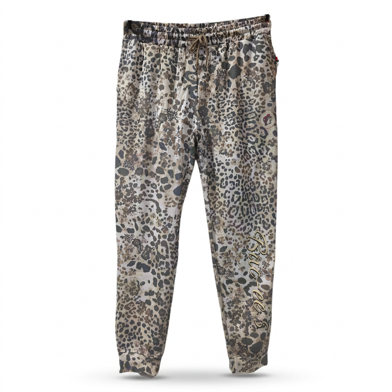 Buc-ee’s Soft Fleece leopard sweatpants with floral accents, drawstring waist, cuffed ankles, and gold script logo