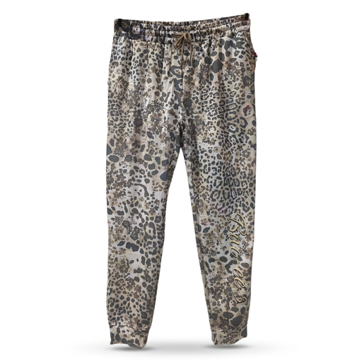 Buc-ee’s Soft Fleece leopard sweatpants with floral accents, drawstring waist, cuffed ankles, and gold script logo