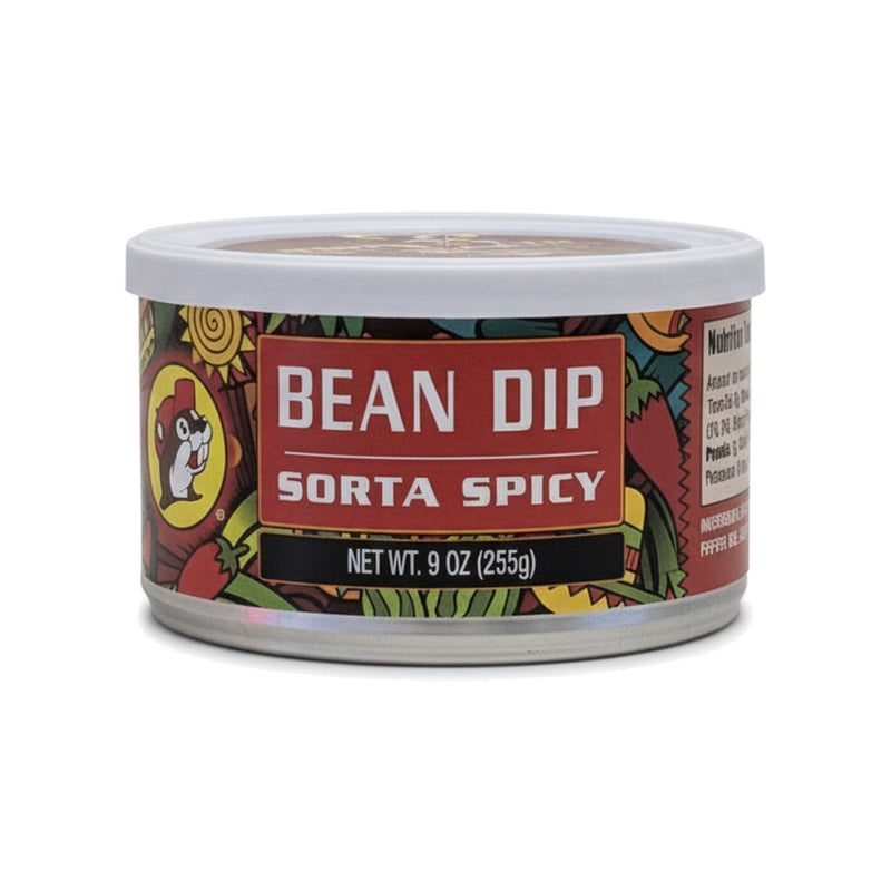 9 oz can of Buc-ee's Sorta Spicy Bean Dip with red label, on white