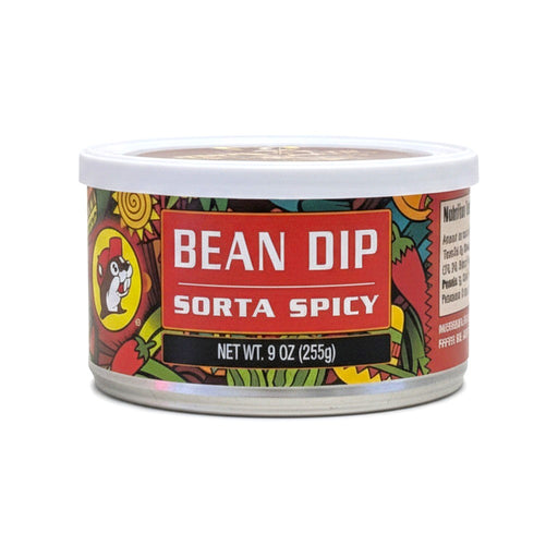 9 oz can of Buc-ee's Sorta Spicy Bean Dip with red label, on white