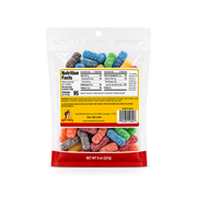 Back of Buc-ee's Sour Crew 8 oz bag showing nutrition facts, 95 calories per serving, ingredients and allergen warning