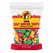 Buc-ee’s Sour Salt Water Taffy, 12 oz resealable bag of candies in green, yellow, red, and blue wrappers, gluten free