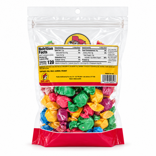 Back of Buc-ee’s Sour Salt Water Taffy bag showing nutrition facts, 120 calories per 3-piece serving, and ingredients