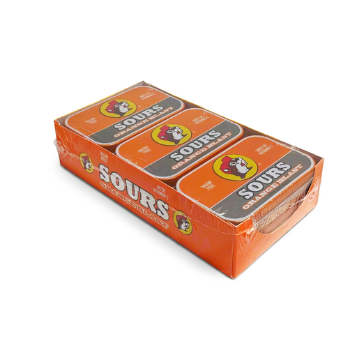 Buc-ee’s Sours Orange Blast sugar free mints, a shrink-wrapped display tray of 6 orange tins with vitamin C